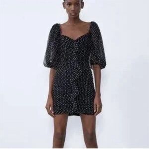 Zara black Polka Dot Puff-Sleeve Mini Dress